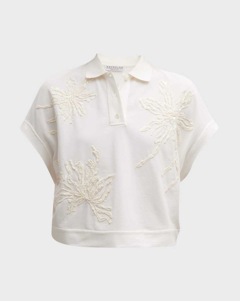 Floral Paillette Embroidered Cap-Sleeve Pique Polo Shirt